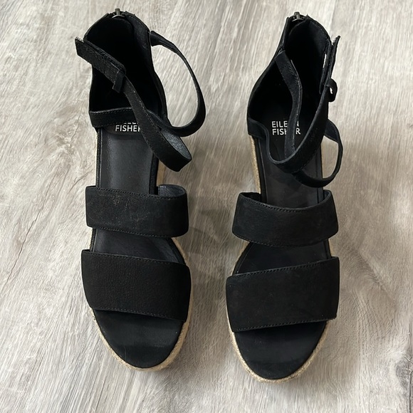 Eileen Fisher Wali Espadrille Wedge Sandals Leather Nubuck Black NEW Womens 8 - Picture 6 of 13